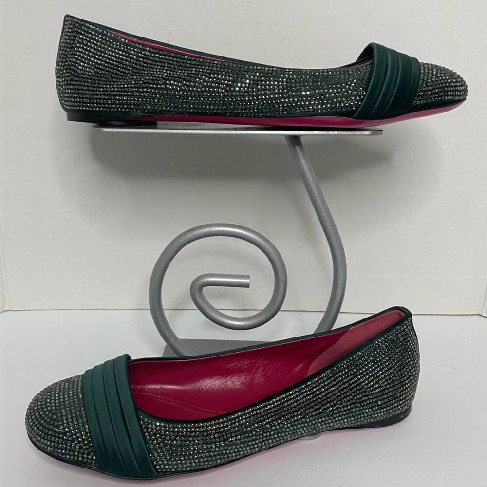 Italian hunter green satin detailed flat w/Swarovski crystal Taccetti design
